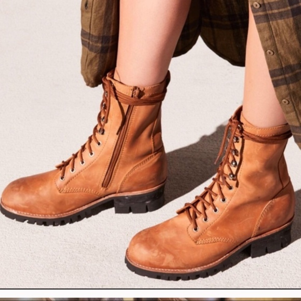 Free People x Jeffrey Campbell Tan Lace-Up Leather Combat Boots